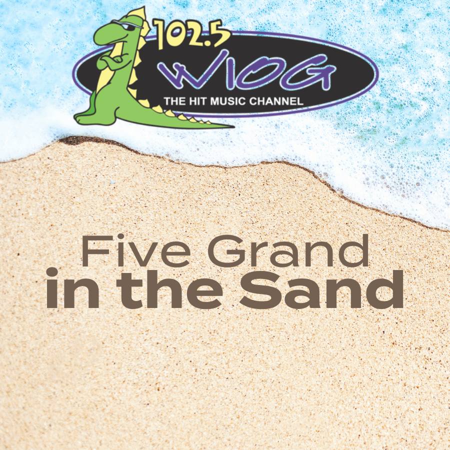 Five Grand in the Sand with 102.5 WIOG logo on beach theme